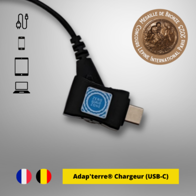 Adap'terre pour chargeur avec connecteur USB-C. La déclinaison de l'Adap'terre primé au Concours Lépine pour les chargeurs rapides.